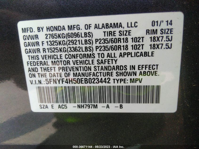 2014 HONDA PILOT EX-L - 5FNYF4H50EB023442