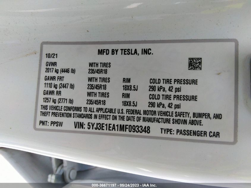 2021 TESLA MODEL 3 STANDARD RANGE PLUS - 5YJ3E1EA1MF093348