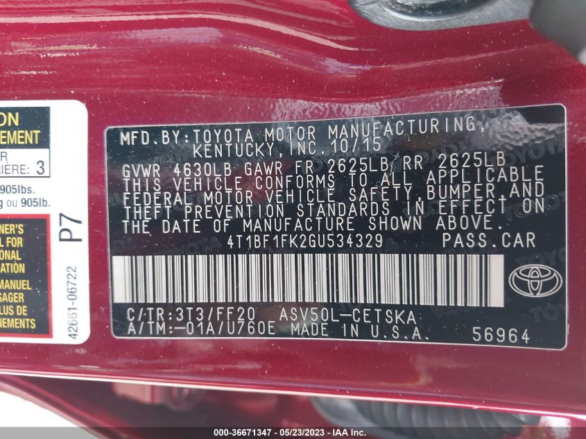2016 TOYOTA CAMRY SE - 4T1BF1FK2GU534329