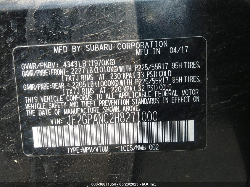 VIN JF2GPANC2H8271000 2017 SUBARU CROSSTREK LIMITED