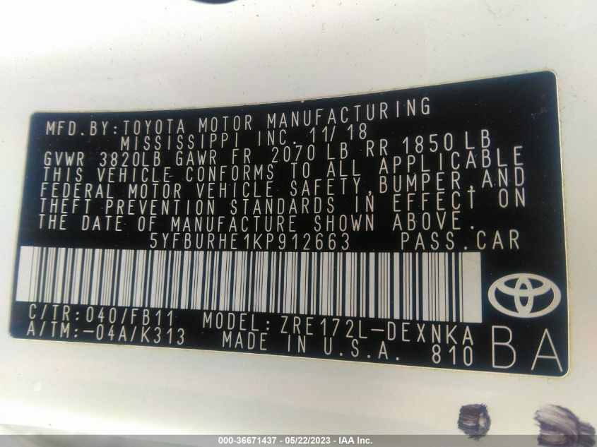 2019 TOYOTA COROLLA LE - 5YFBURHE1KP912663