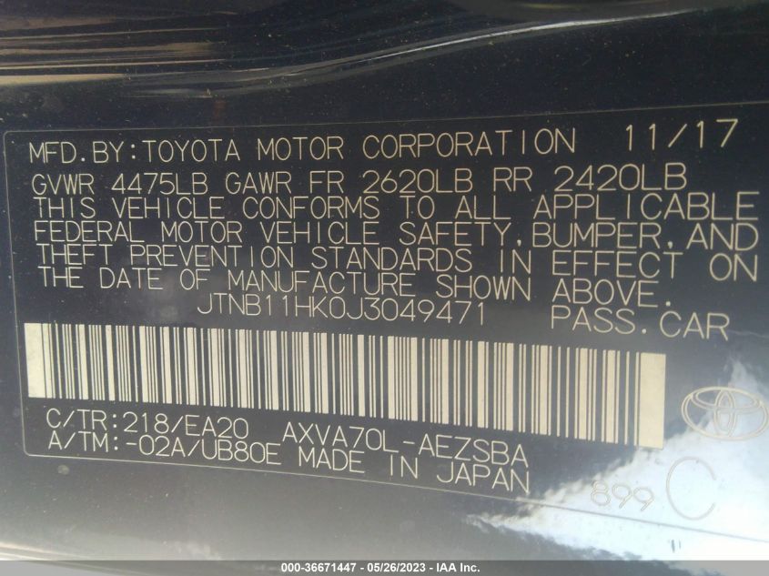 2018 TOYOTA CAMRY LE/SE/XLE/L - JTNB11HK0J3049471