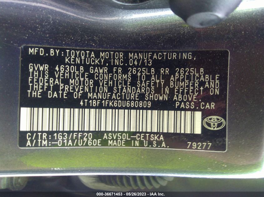 2013 TOYOTA CAMRY L/LE/SE/XLE - 4T1BF1FK6DU680809