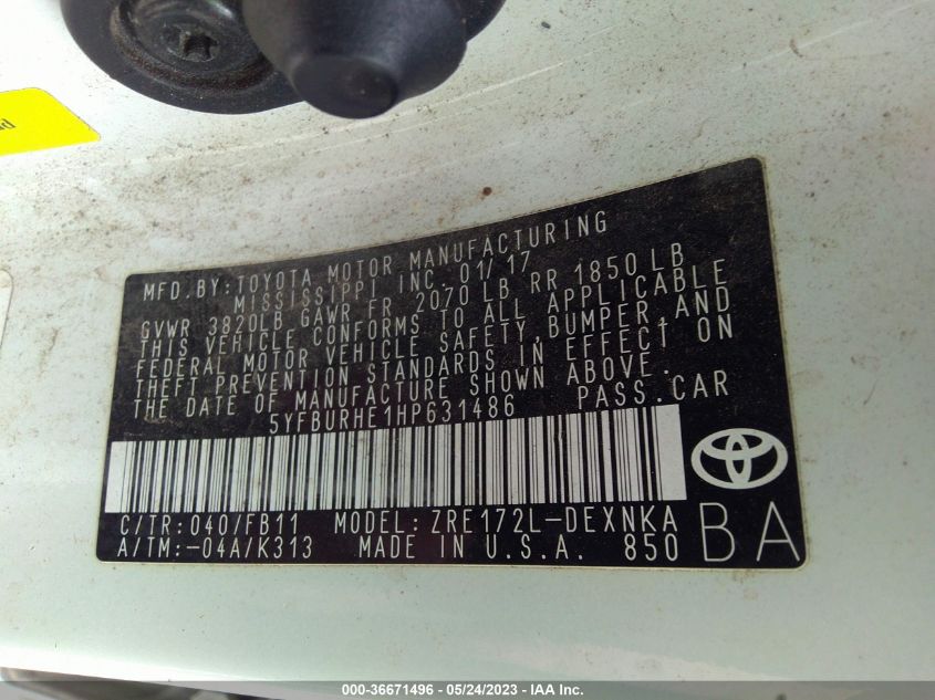 2017 TOYOTA COROLLA L/LE/XLE/SE - 5YFBURHE1HP631486