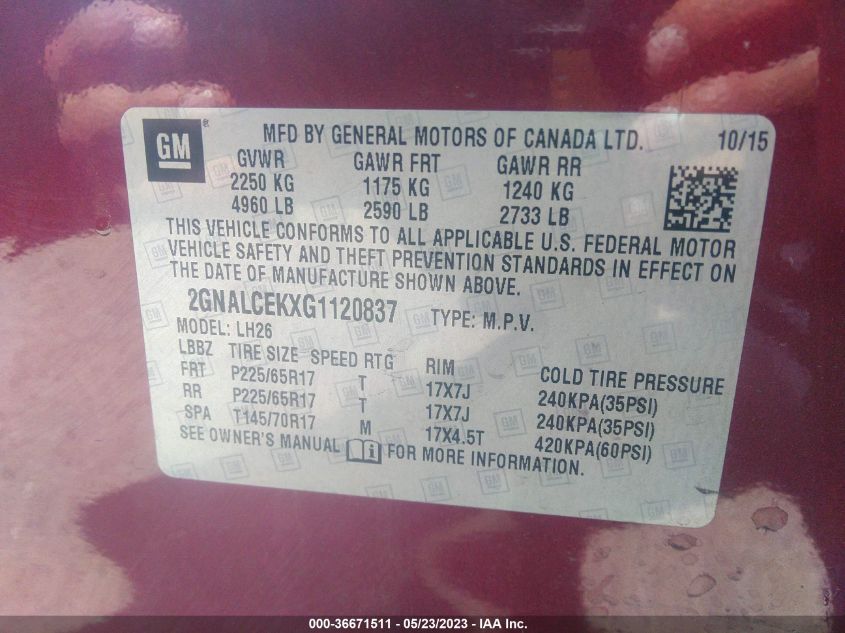 2016 CHEVROLET EQUINOX LT - 2GNALCEKXG1120837