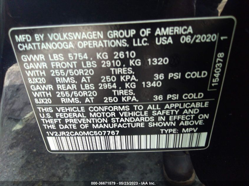 2021 VOLKSWAGEN ATLAS 3.6L V6 SE W/TECHNOLOGY - 1V2JR2CA0MC507767