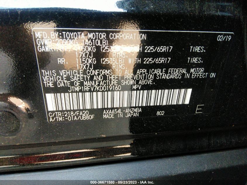2019 TOYOTA RAV4 XLE - JTMP1RFV7KD019160