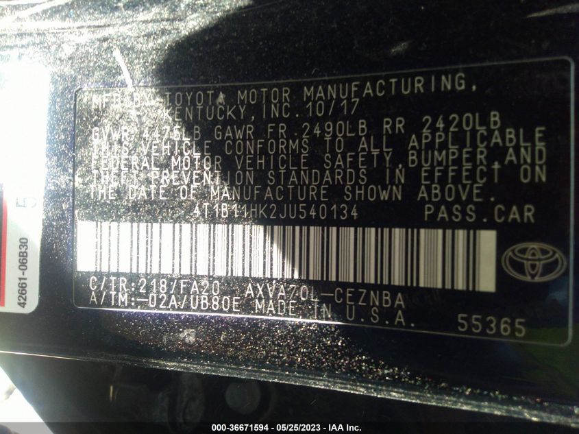 2018 TOYOTA CAMRY LE/SE/XLE/L - 4T1B11HK2JU540134