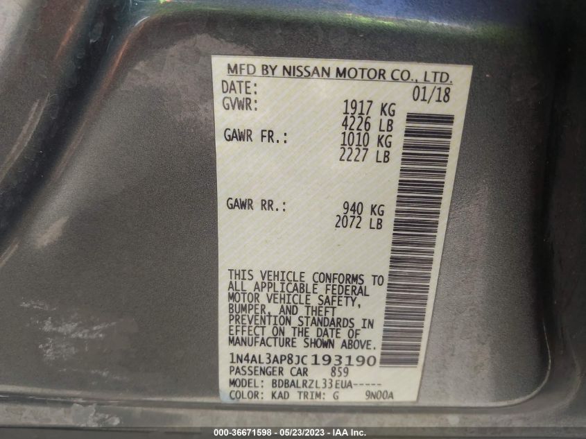 2018 NISSAN ALTIMA 2.5 SL - 1N4AL3AP8JC193190