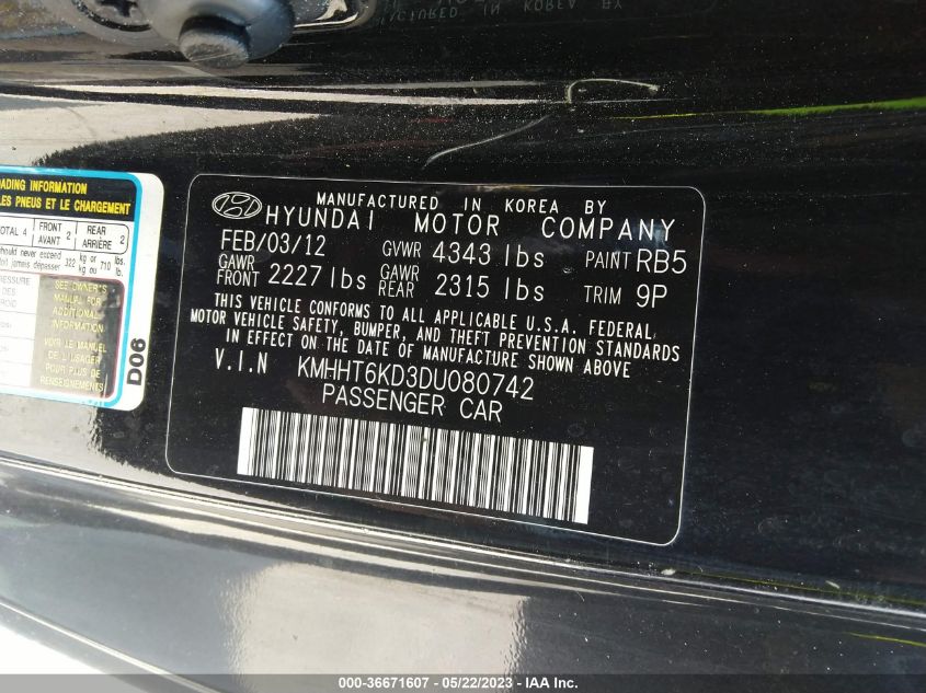 2013 HYUNDAI GENESIS COUPE 2.0T KMHHT6KD3DU080742
