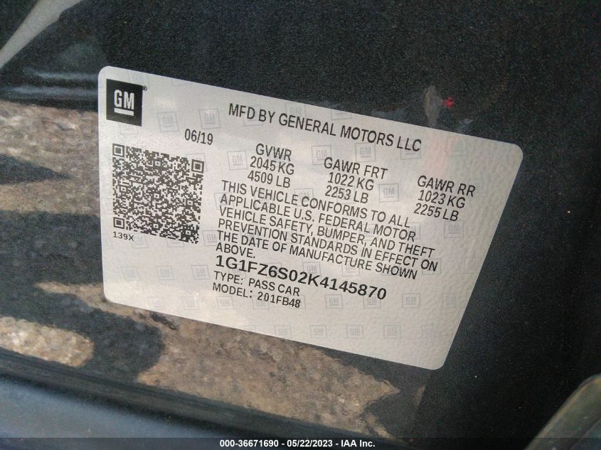2019 CHEVROLET BOLT EV PREMIER - 1G1FZ6S02K4145870