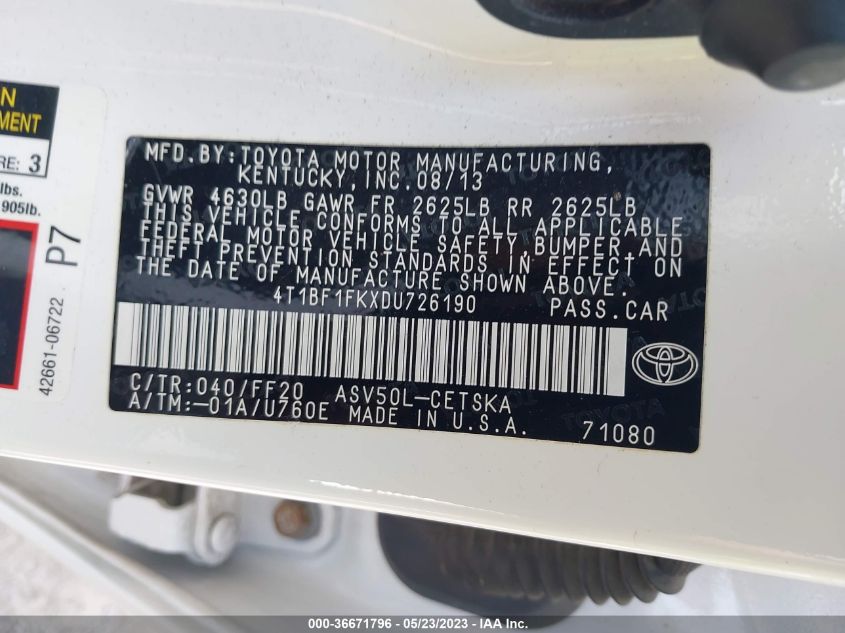 2013 TOYOTA CAMRY L/LE/SE/XLE - 4T1BF1FKXDU726190