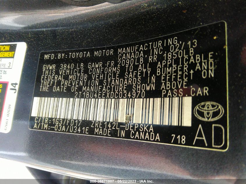 2013 TOYOTA COROLLA L/LE/S - 2T1BU4EEXDC034970