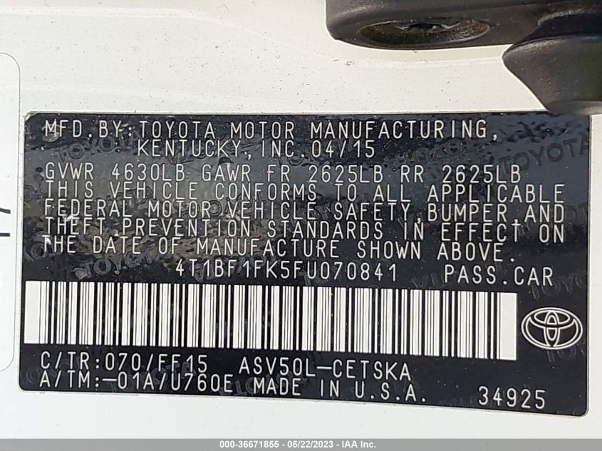 2015 TOYOTA CAMRY XLE/SE/LE/XSE - 4T1BF1FK5FU070841