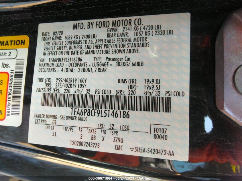 2020 FORD MUSTANG GT - 1FA6P8CF9L5146186