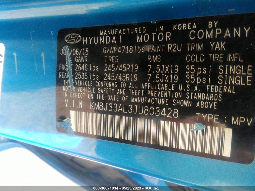 VIN KM8J33AL3JU803428 2018 HYUNDAI TUCSON SPORT