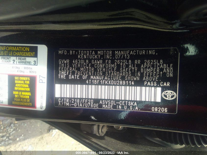 2013 TOYOTA CAMRY L/LE/SE/XLE - 4T1BF1FKXDU289114