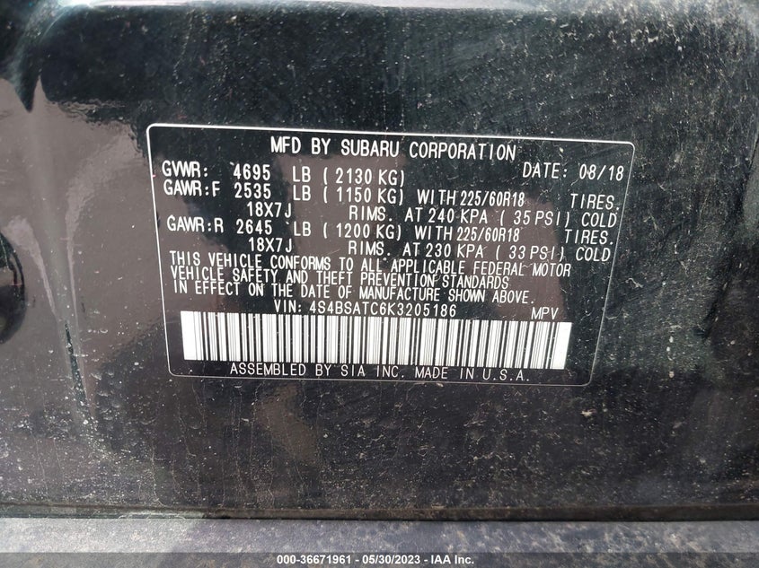 VIN 4S4BSATC6K3205186 2019 SUBARU OUTBACK TOURING