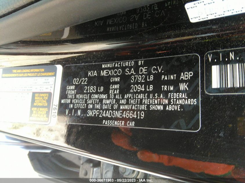 2022 KIA FORTE LXS - 3KPF24AD3NE466419