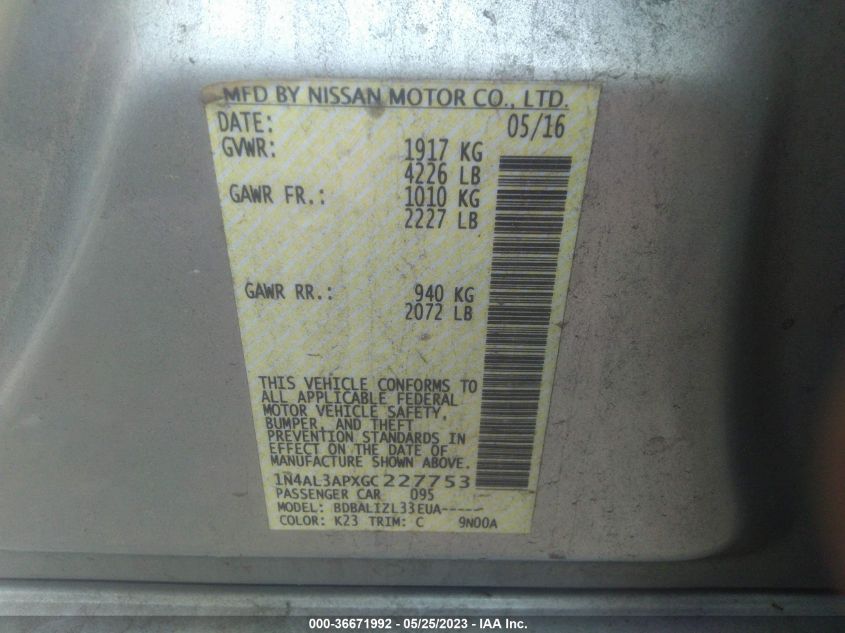 2016 NISSAN ALTIMA 2.5 - 1N4AL3APXGC227753