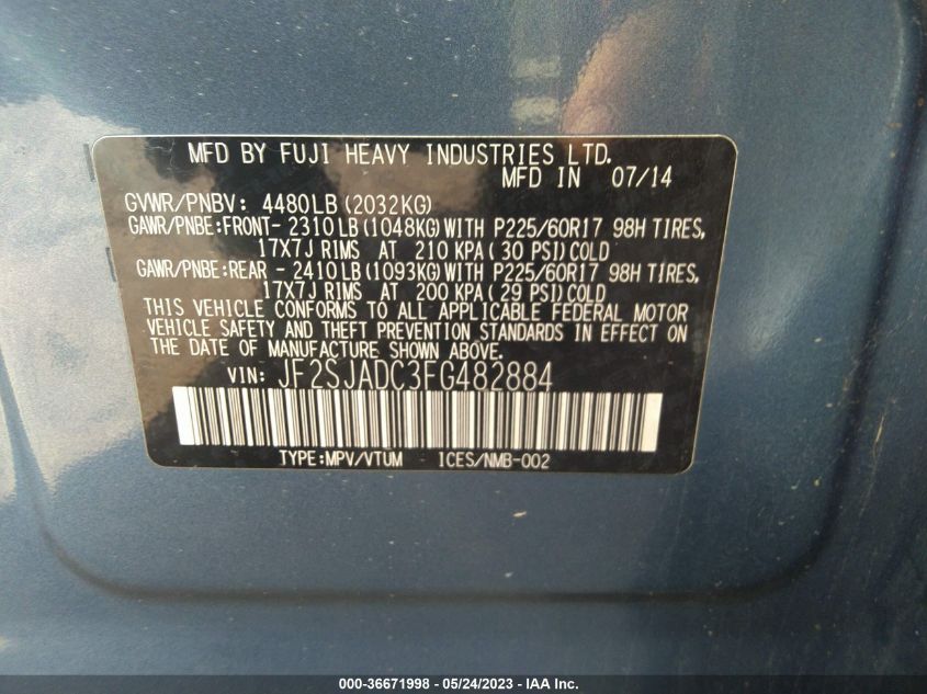 2015 SUBARU FORESTER 2.5I PREMIUM - JF2SJADC3FG482884