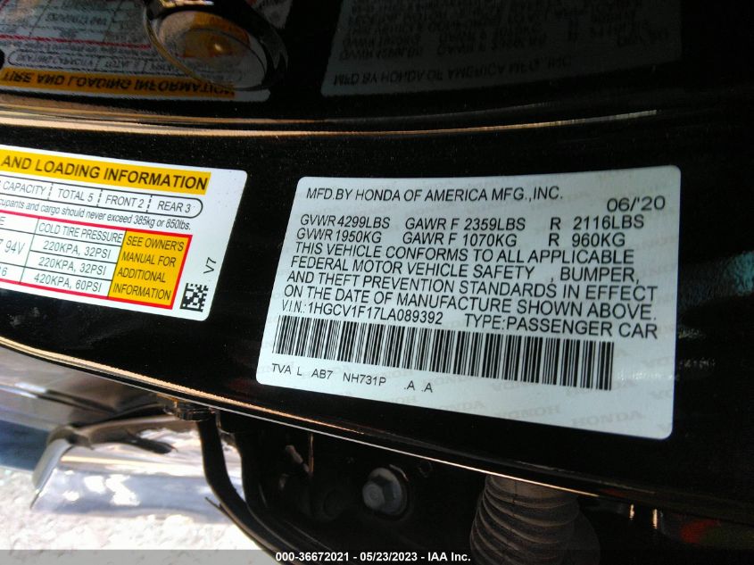 VIN 1HGCV1F17LA089392 2020 HONDA ACCORD SEDAN LX