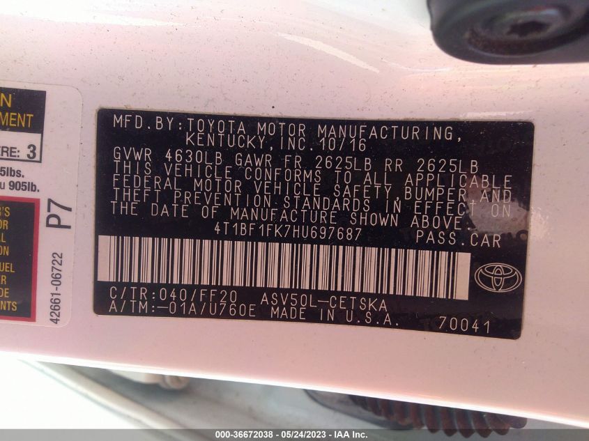 2017 TOYOTA CAMRY XLE/SE/LE/XSE - 4T1BF1FK7HU697687