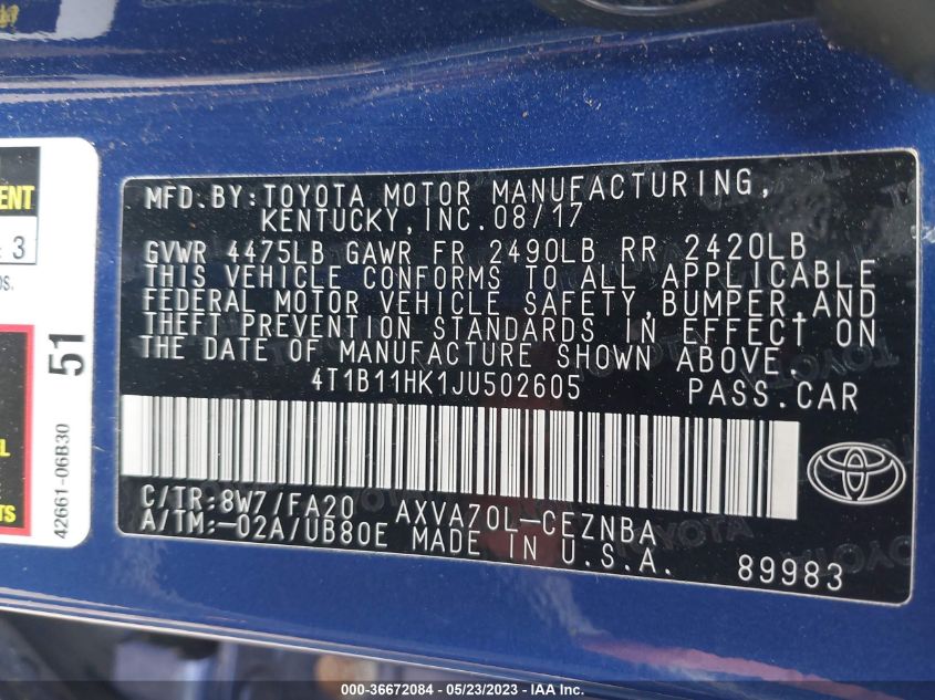 2018 TOYOTA CAMRY LE/SE/XLE/L - 4T1B11HK1JU502605