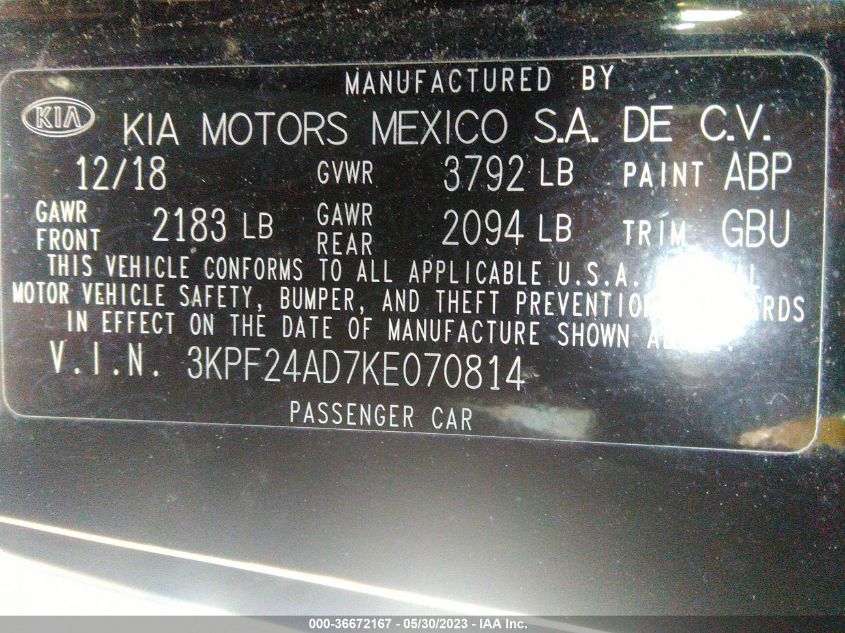 2019 KIA FORTE LXS - 3KPF24AD7KE070814
