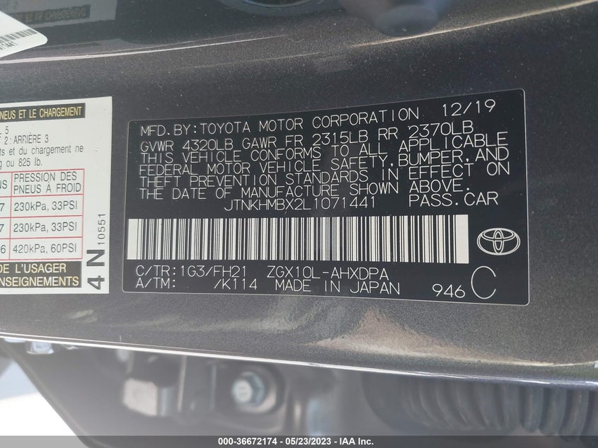 VIN JTNKHMBX2L1071441 2020 TOYOTA C-HR LE/XLE/LIMITED