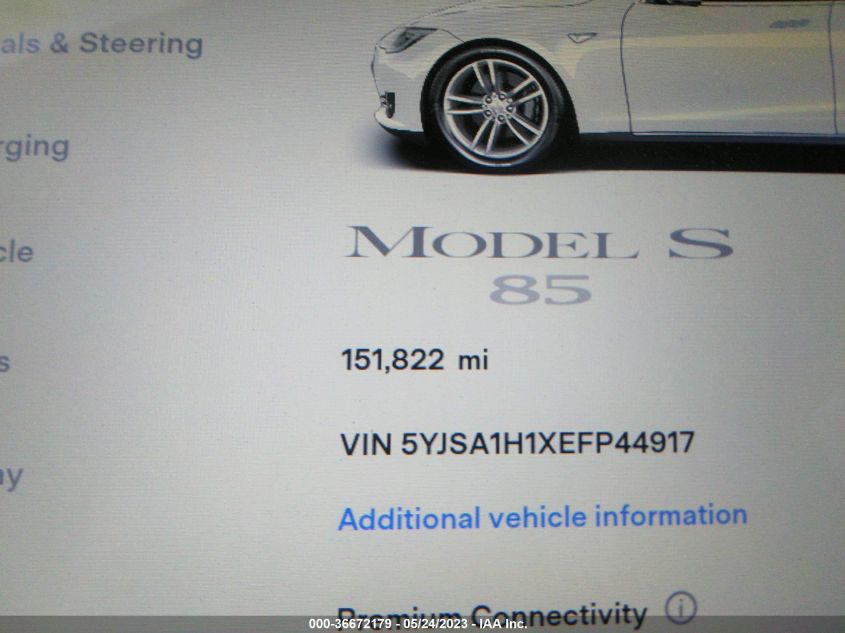 2014 TESLA MODEL S 60 KWH BATTERY/P85 - 5YJSA1H1XEFP44917
