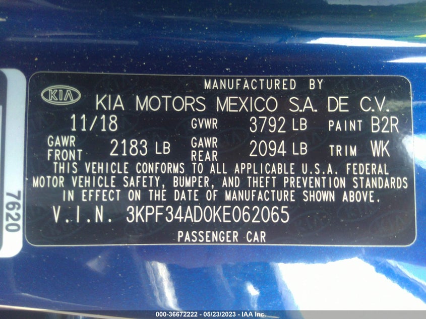 VIN 3KPF34AD0KE062065 2019 KIA FORTE S