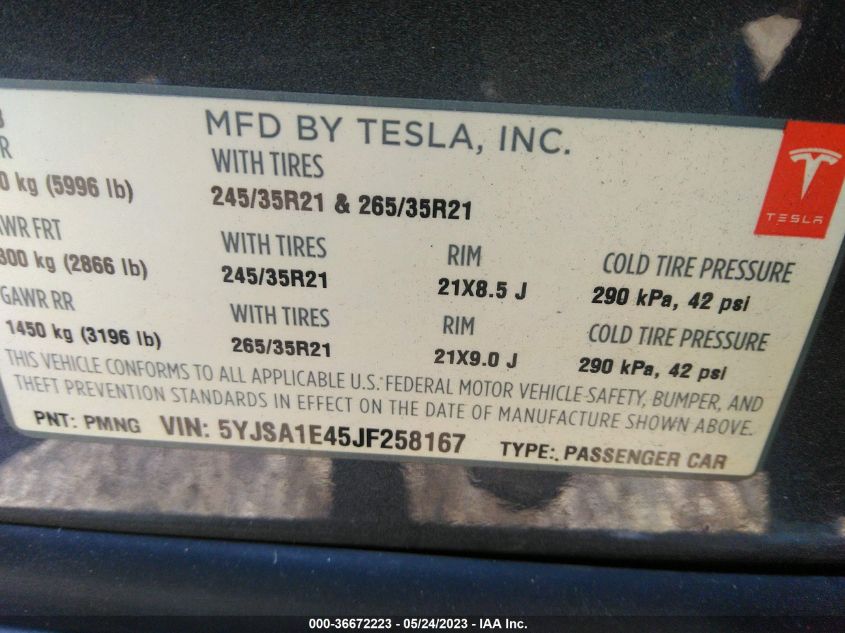 2018 TESLA MODEL S 75D/100D/P100D - 5YJSA1E45JF258167