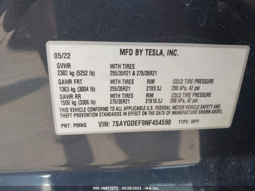 2022 TESLA MODEL Y PERFORMANCE - 7SAYGDEF9NF454598