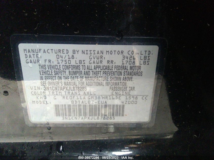 2018 NISSAN VERSA SEDAN SV - 3N1CN7APXJL878285