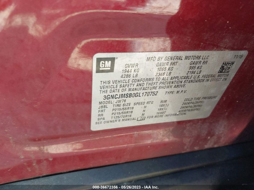 2016 CHEVROLET TRAX LTZ - 3GNCJMSB0GL170752