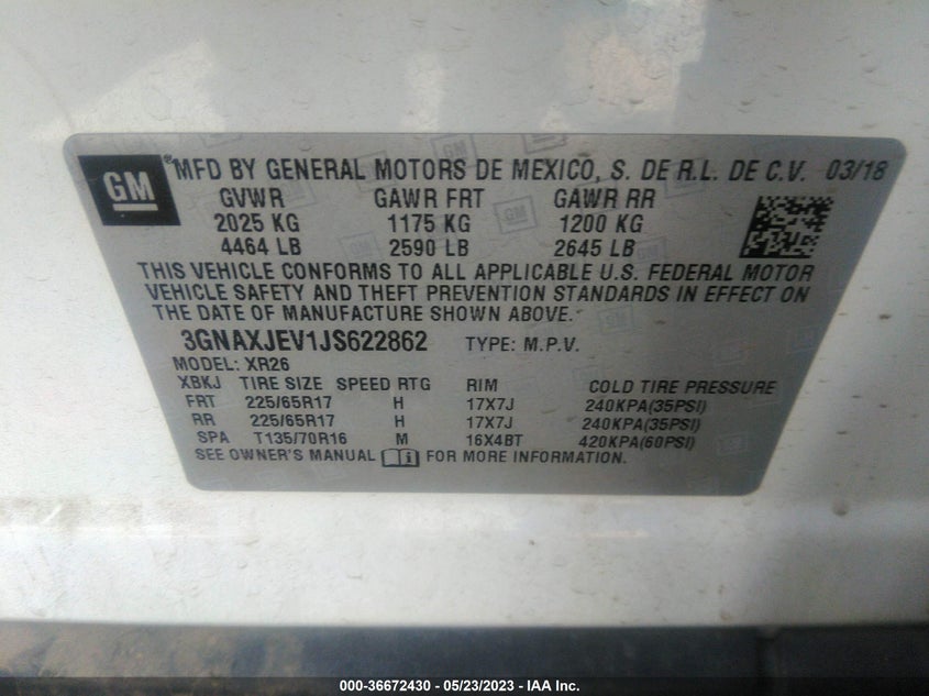 VIN 3GNAXJEV1JS622862 2018 CHEVROLET EQUINOX LT