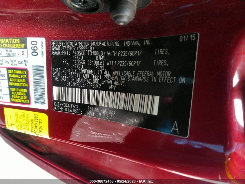 2015 TOYOTA SIENNA L - 5TDZK3DC5FS576342