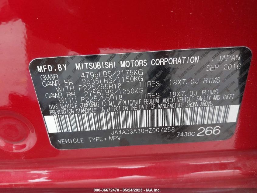 2017 MITSUBISHI OUTLANDER SE/SEL - JA4AD3A30HZ007258