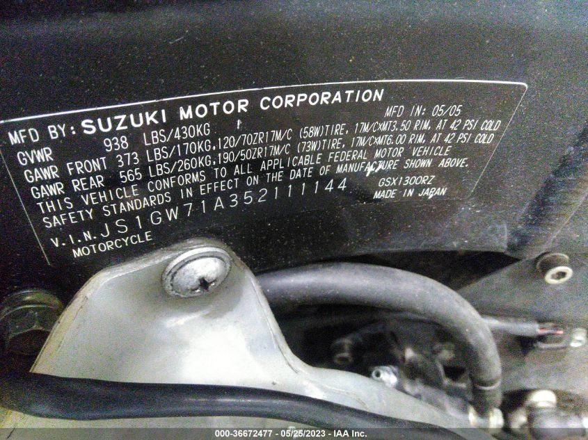 2005 SUZUKI GSX1300 RK5 JS1GW71A352111144