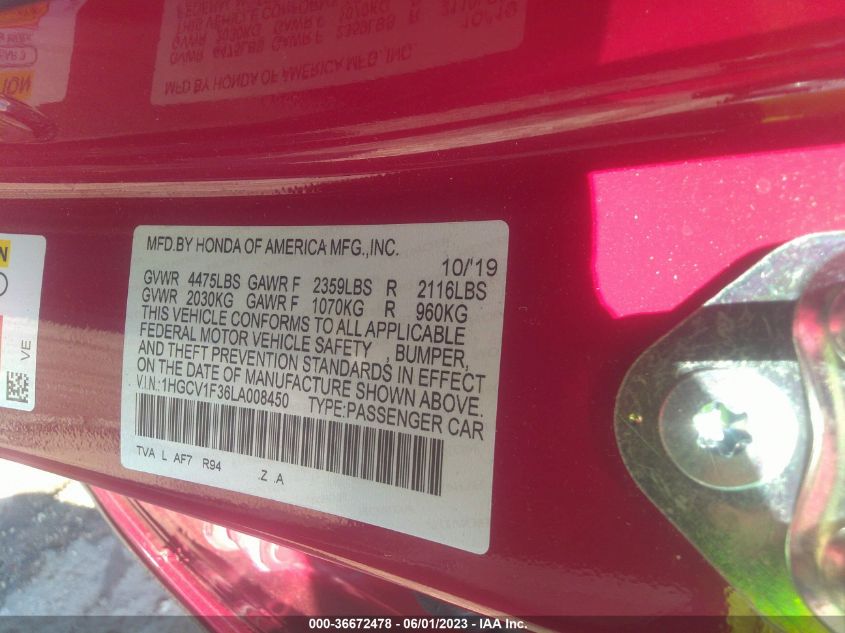 2020 HONDA ACCORD SEDAN SPORT - 1HGCV1F36LA008450