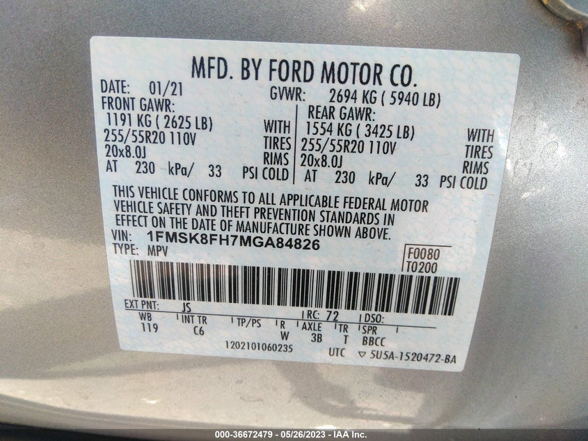 VIN 1FMSK8FH7MGA84826 2021 FORD EXPLORER LIMITED