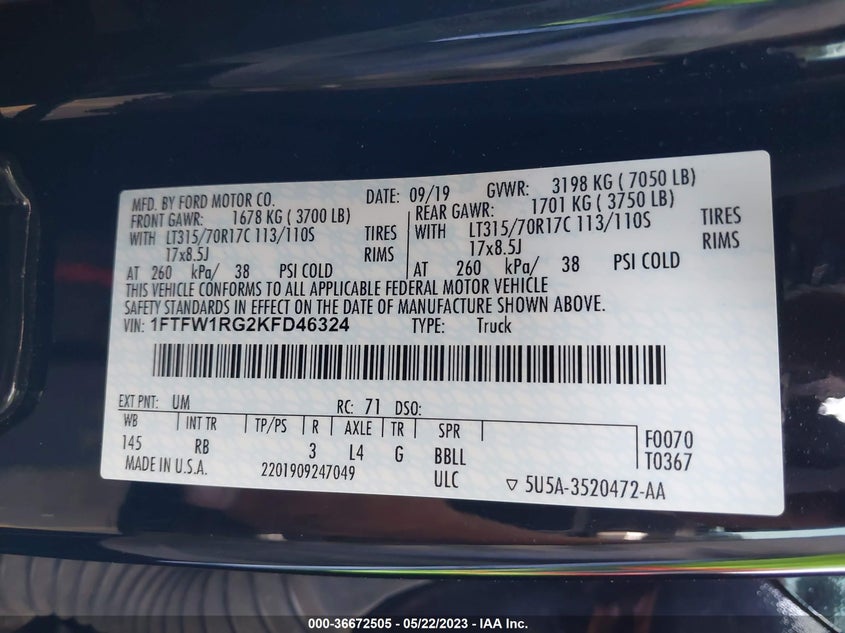 VIN 1FTFW1RG2KFD46324 2019 FORD F-150 RAPTOR