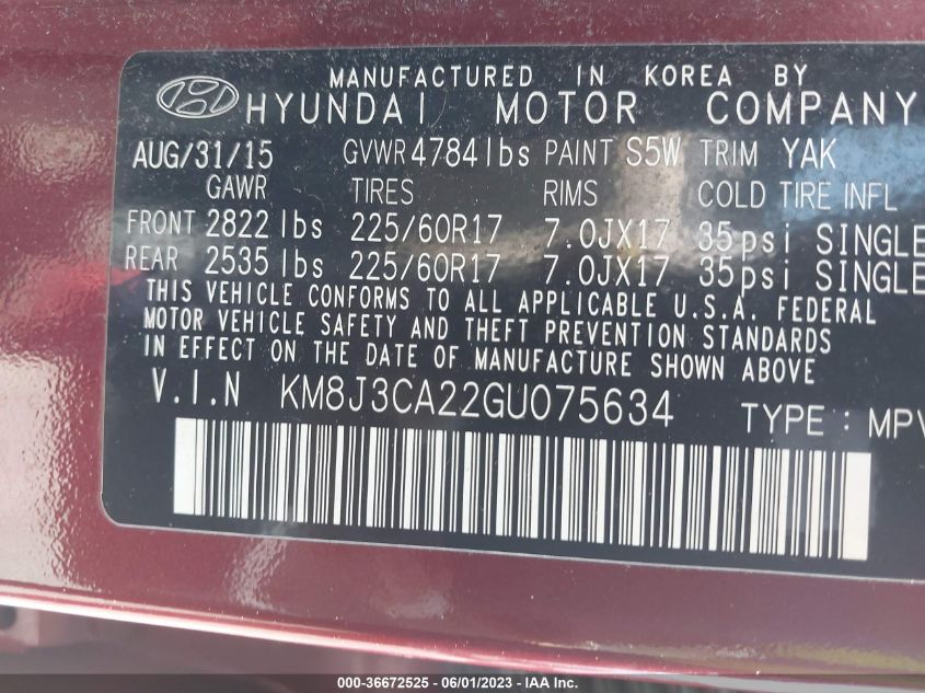 2016 HYUNDAI TUCSON ECO - KM8J3CA22GU075634