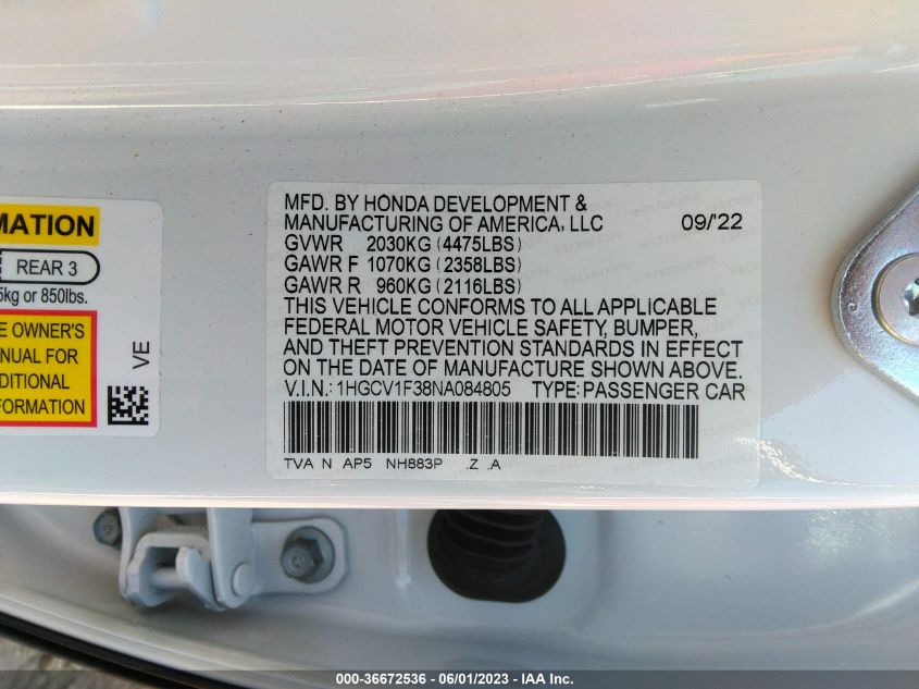 2022 HONDA ACCORD SEDAN SPORT - 1HGCV1F38NA084805