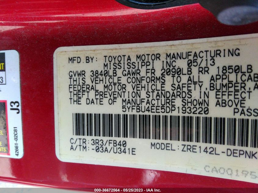 2013 TOYOTA COROLLA L/LE/S - 5YFBU4EE5DP193220