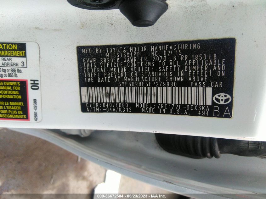 2015 TOYOTA COROLLA L/LE/S/S PLUS/LE PLUS - 5YFBURHE5FP279980