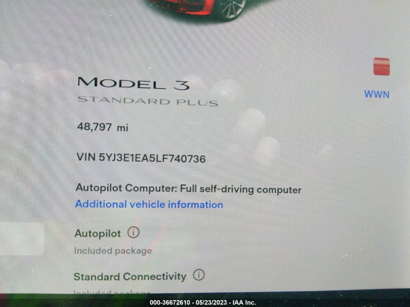 2020 TESLA MODEL 3 STANDARD RANGE - 5YJ3E1EA5LF740736