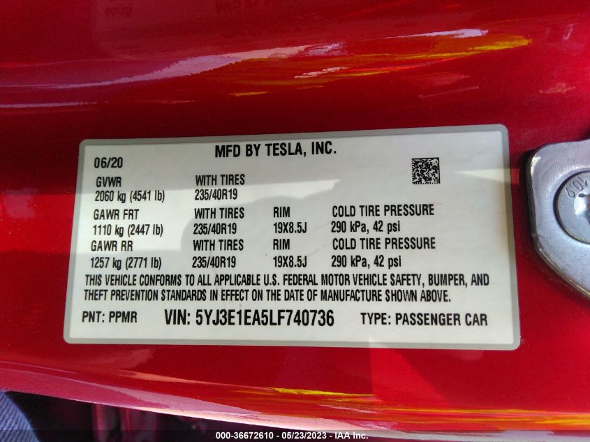 2020 TESLA MODEL 3 STANDARD RANGE - 5YJ3E1EA5LF740736