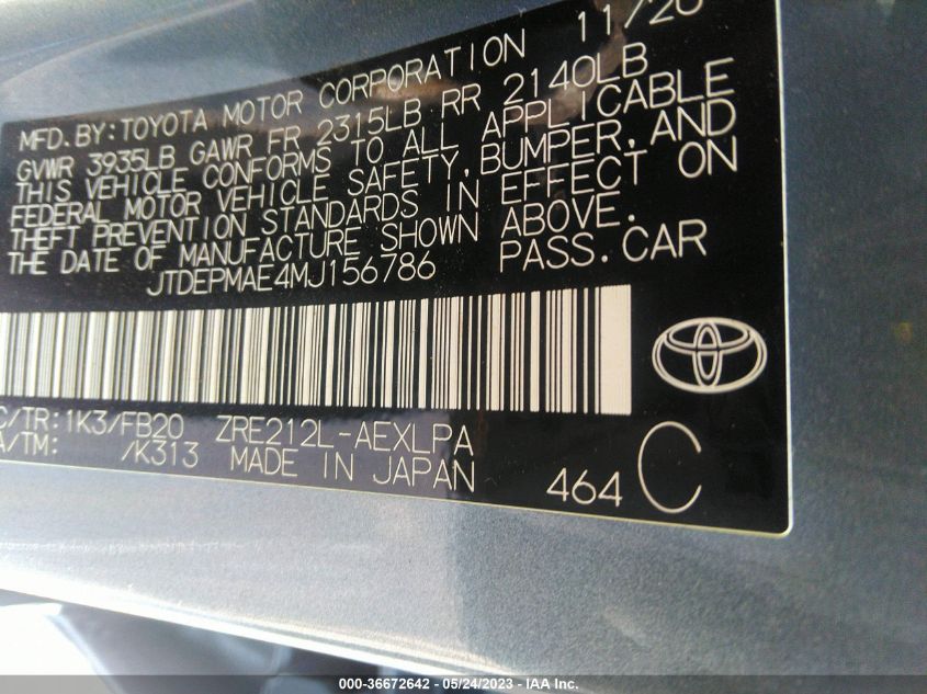 2021 TOYOTA COROLLA LE - JTDEPMAE4MJ156786